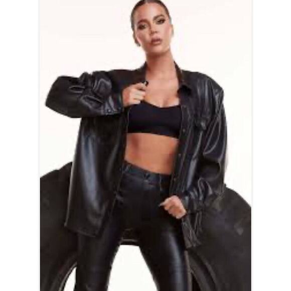 Good American Shirt FAUX LEATHER Womens BLACK Size L - Picture 3 of 5